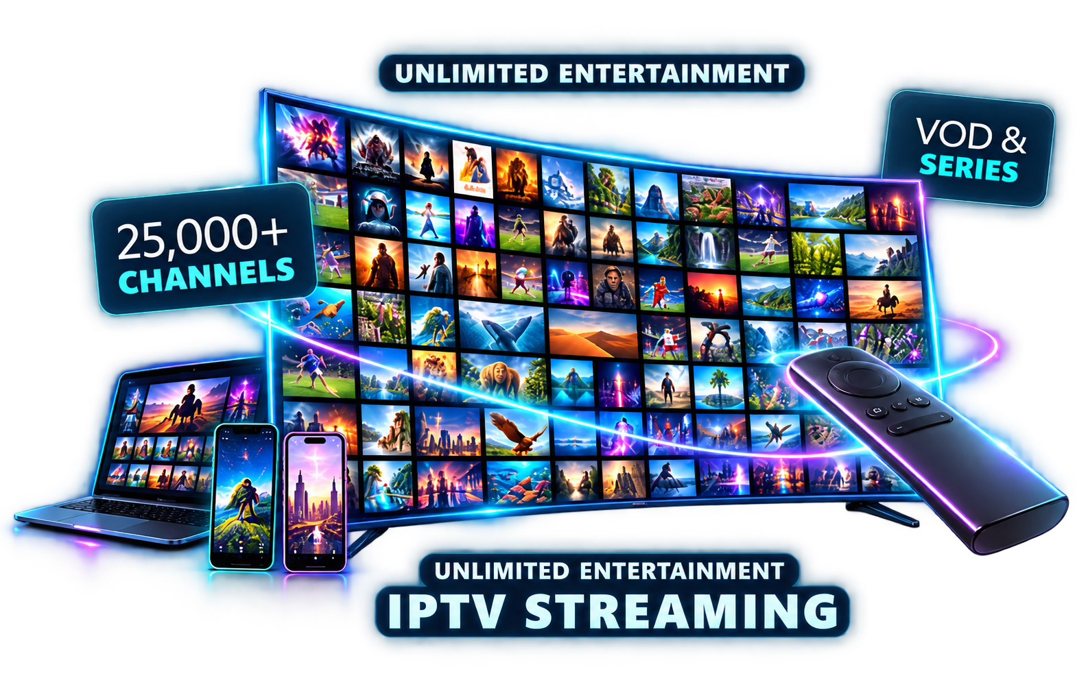 Écran incurvé ZorviaTV avec télécommande, ordinateur portable et smartphones Android et iOS : plus de 25 000 chaînes, films et séries.